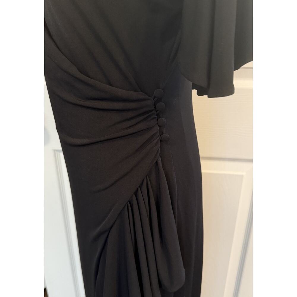 J Peterman Cocktail Dress LBD Sz 6 Black Ruched Rhinestones Ruffle Button Detail - Picture 5 of 16